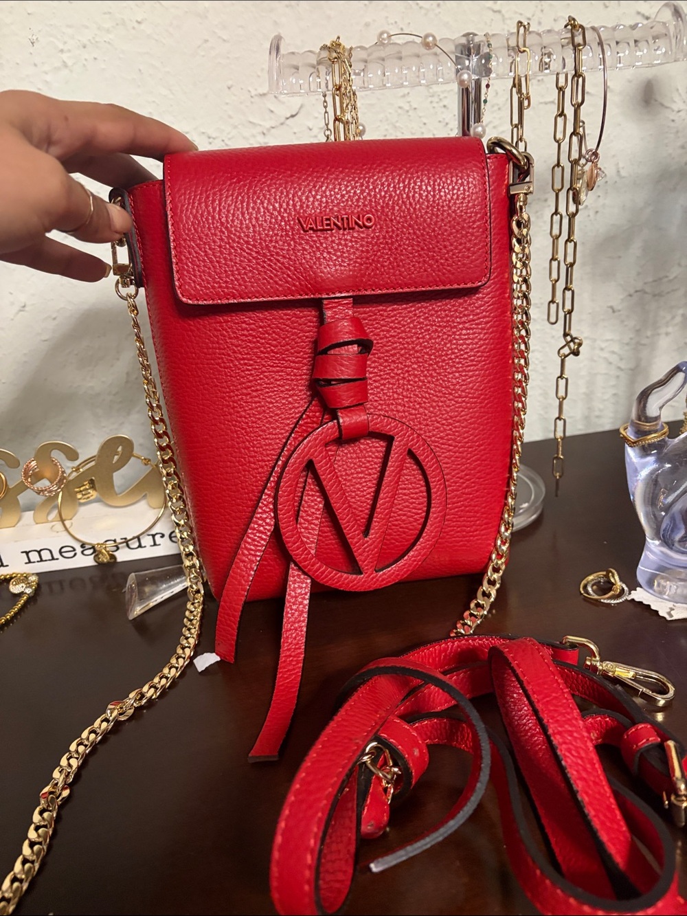 Mario Valentino Red Pebbled Leather Crossbody with Gold Chain Accent